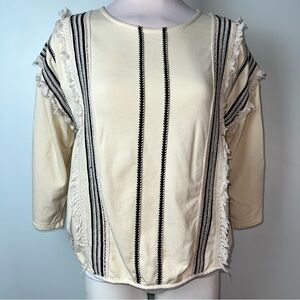 Anthropologie eri + ali Cream and Black Boho Fringe Top | Size Large